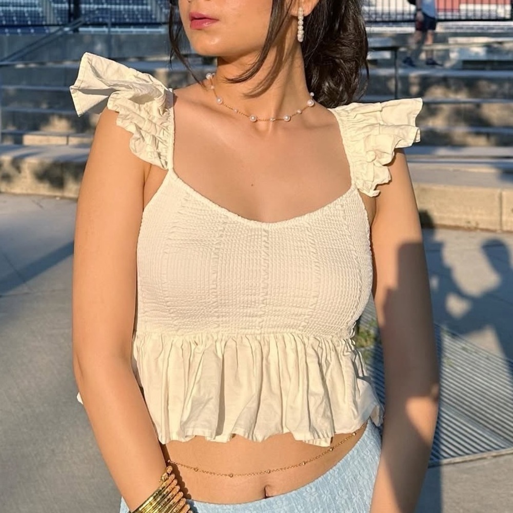 ZARA White Cotton Flounced Sleeve Crop Top